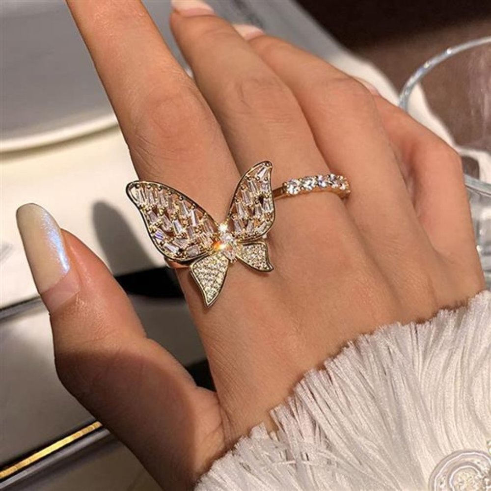 Asphire Cubic Zircon Butterfly Index Finger Ring Sparkling Crystal Half Open